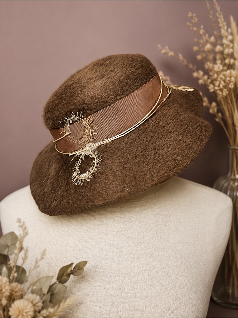 Vintage Merri-Soie Rabbit Hair Felt Hat Brown Feather Trim Size 22